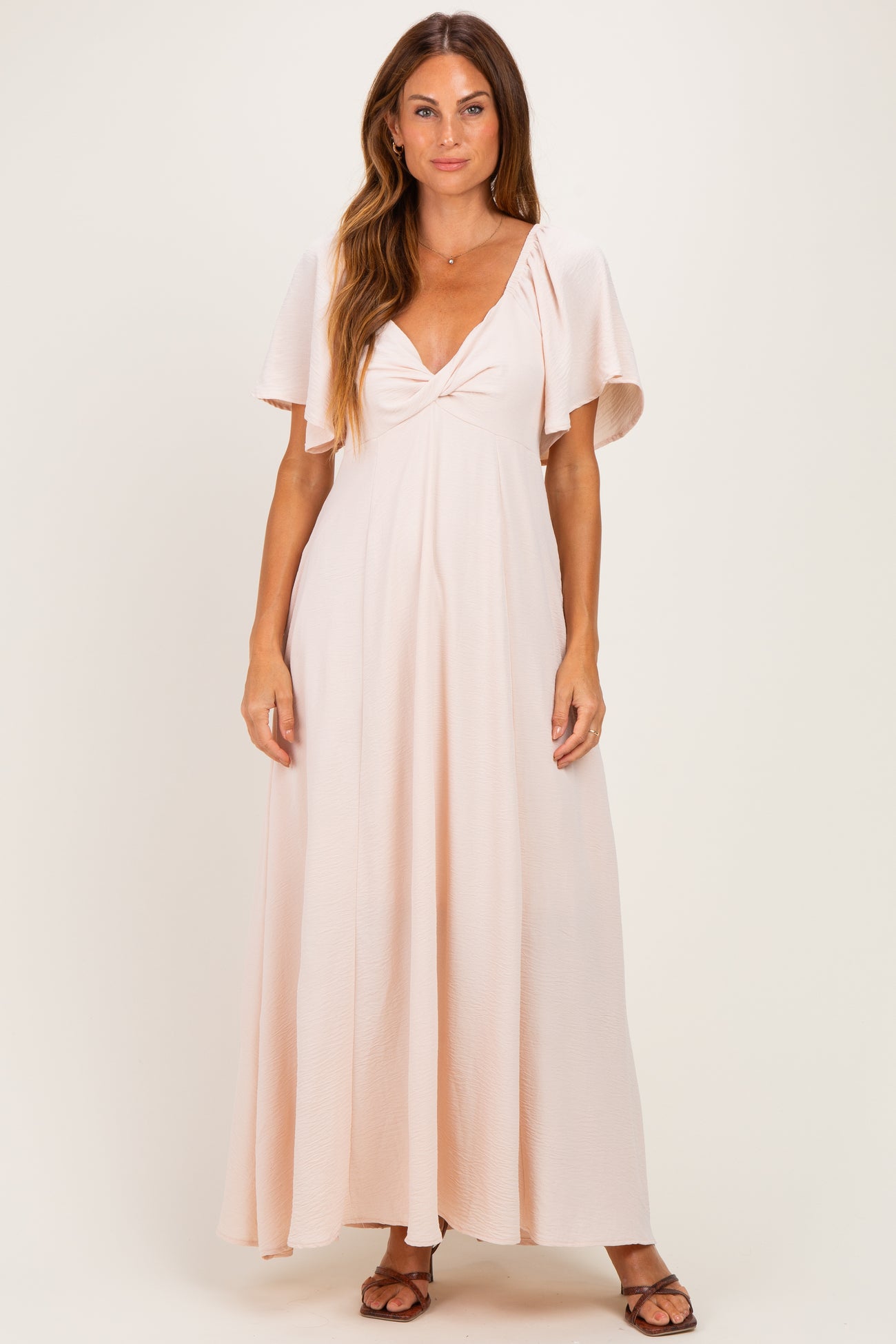 Beige Knotted V-Neck Flutter Sleeve Maternity Maxi Dress