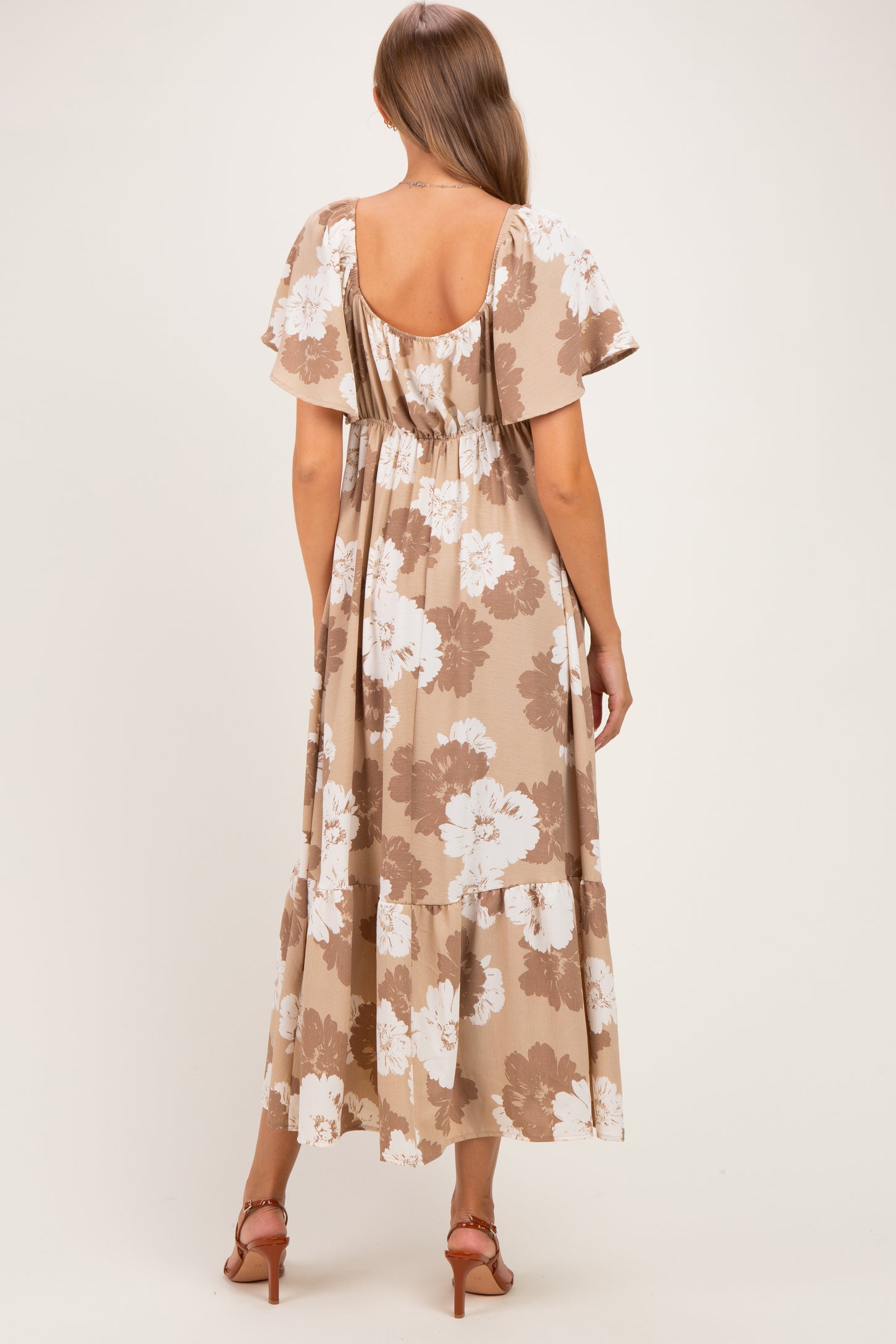 Taupe/ Ivory Floral Ruched Bust Flutter Sleeve Maternity Maxi Dress