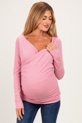 Mauve Ribbed Knit Long Sleeve Wrap Maternity Nursing Top