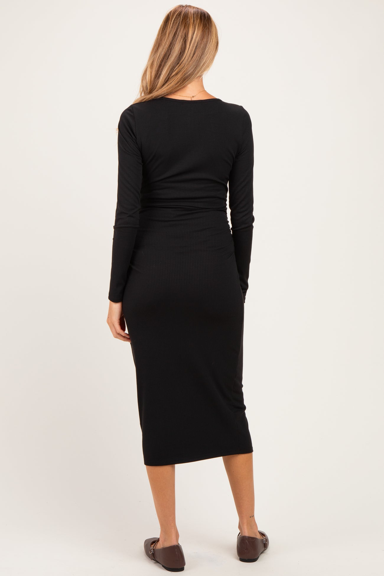 Black Fitted Long Sleeve Square Neck Maternity Midi Dress