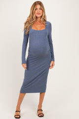 Blue Fitted Long Sleeve Square Neck Maternity Midi Dress