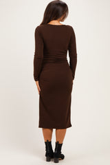 Brown Long Sleeve Wrap V-Neck Maternity Nursing Midi Dress