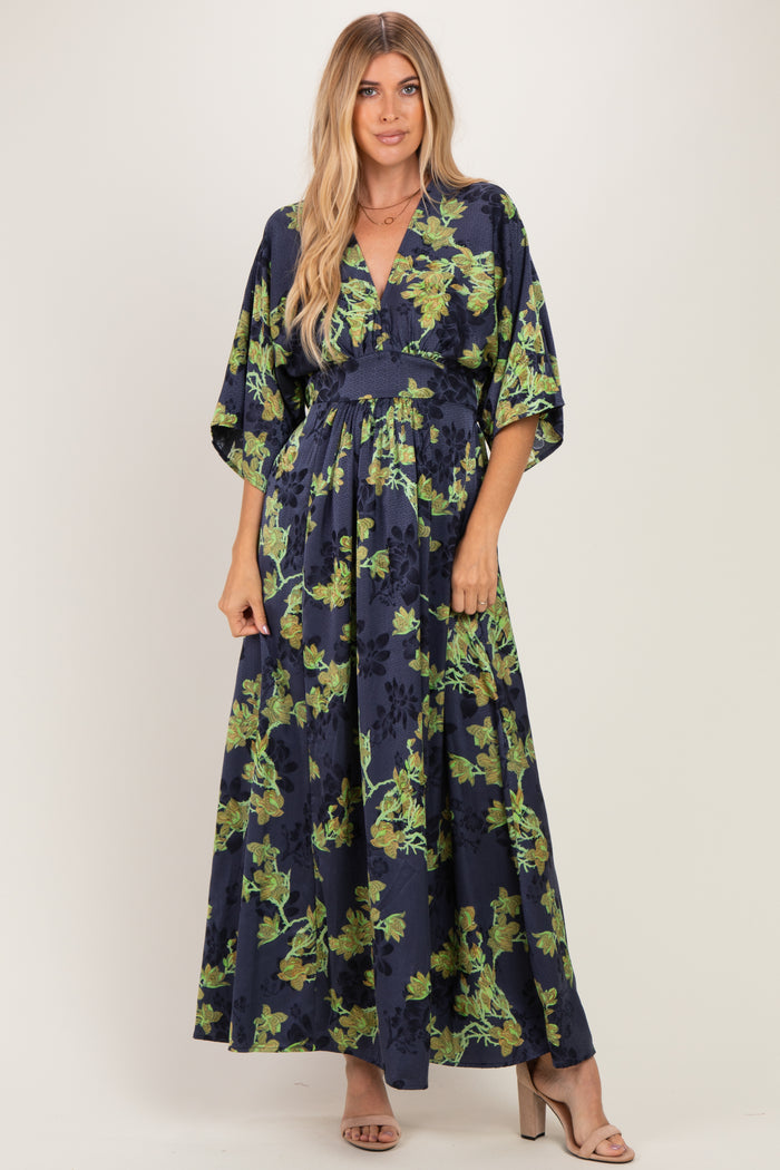 Navy Floral Satin Deep V-Neck Maxi Dress