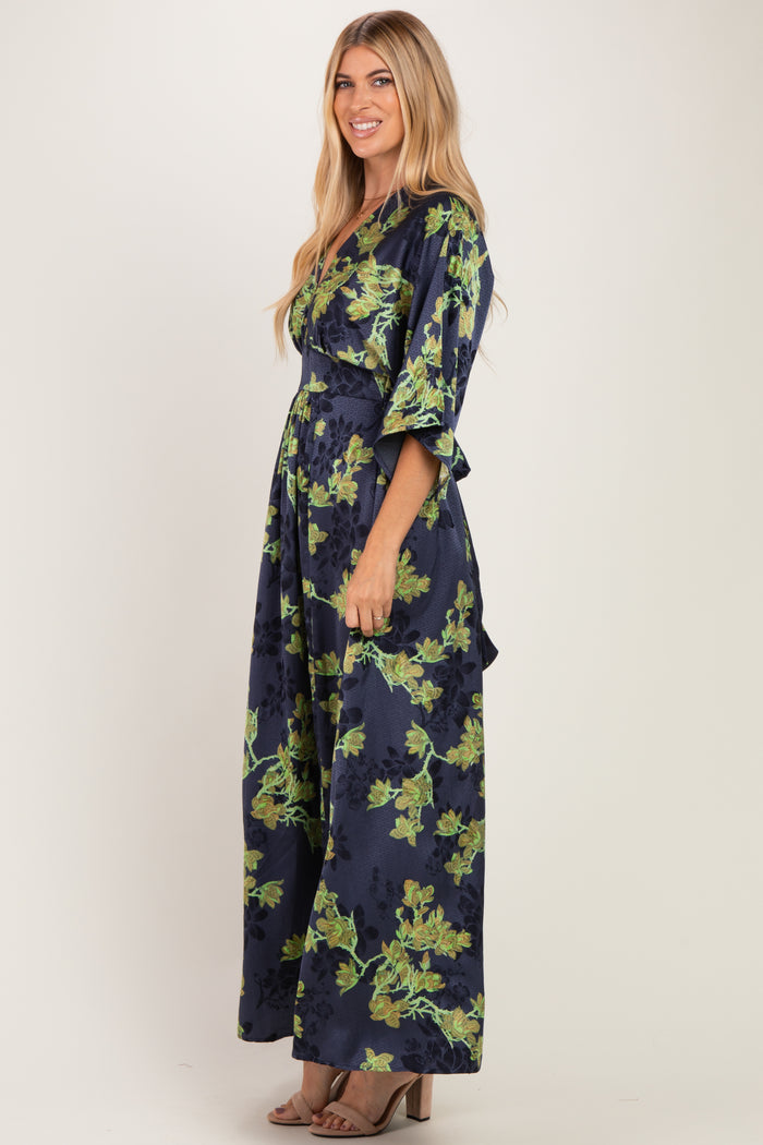 Navy Floral Satin Deep V-Neck Maxi Dress