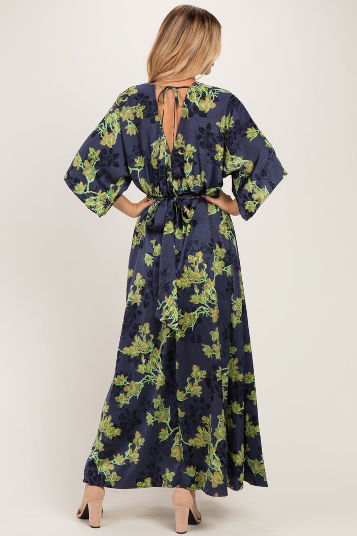 Navy Floral Satin Deep V-Neck Maxi Dress