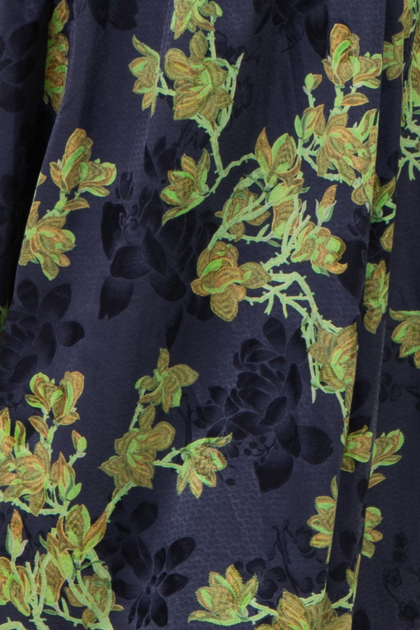 Navy Floral Satin Deep V-Neck Maxi Dress