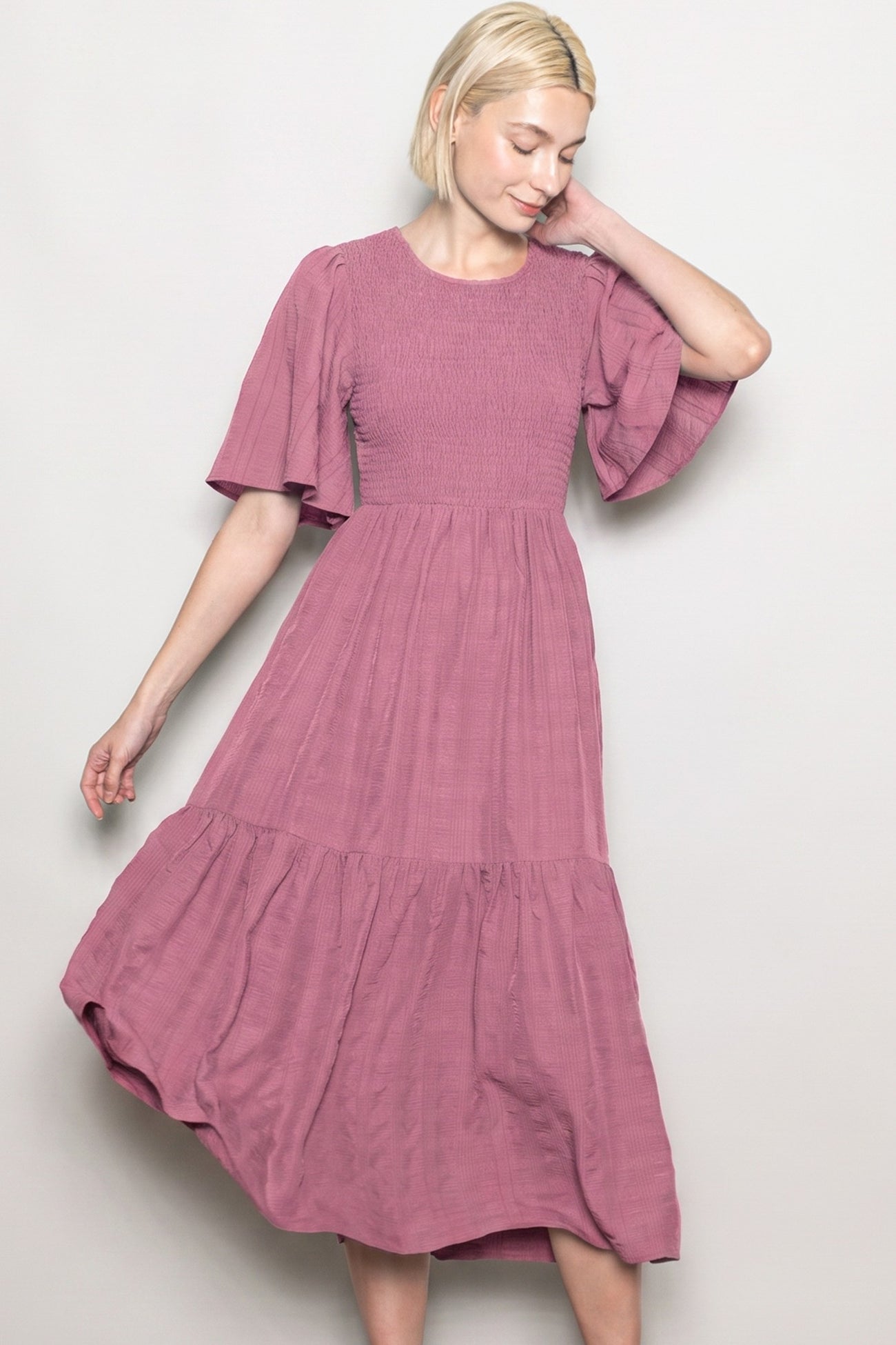 Mauve Flutter Sleeve Jacquard Smocked Midi Dress