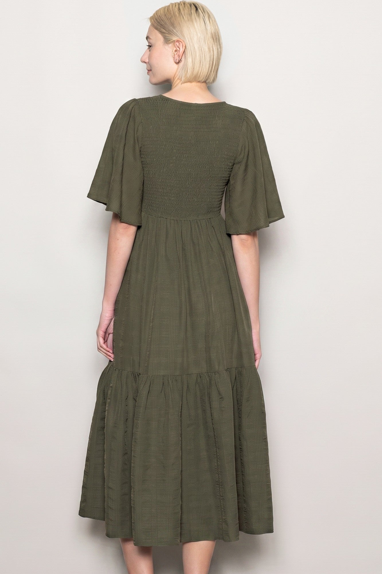 Olive Flutter Sleeve Jacquard Smocked Midi Dress