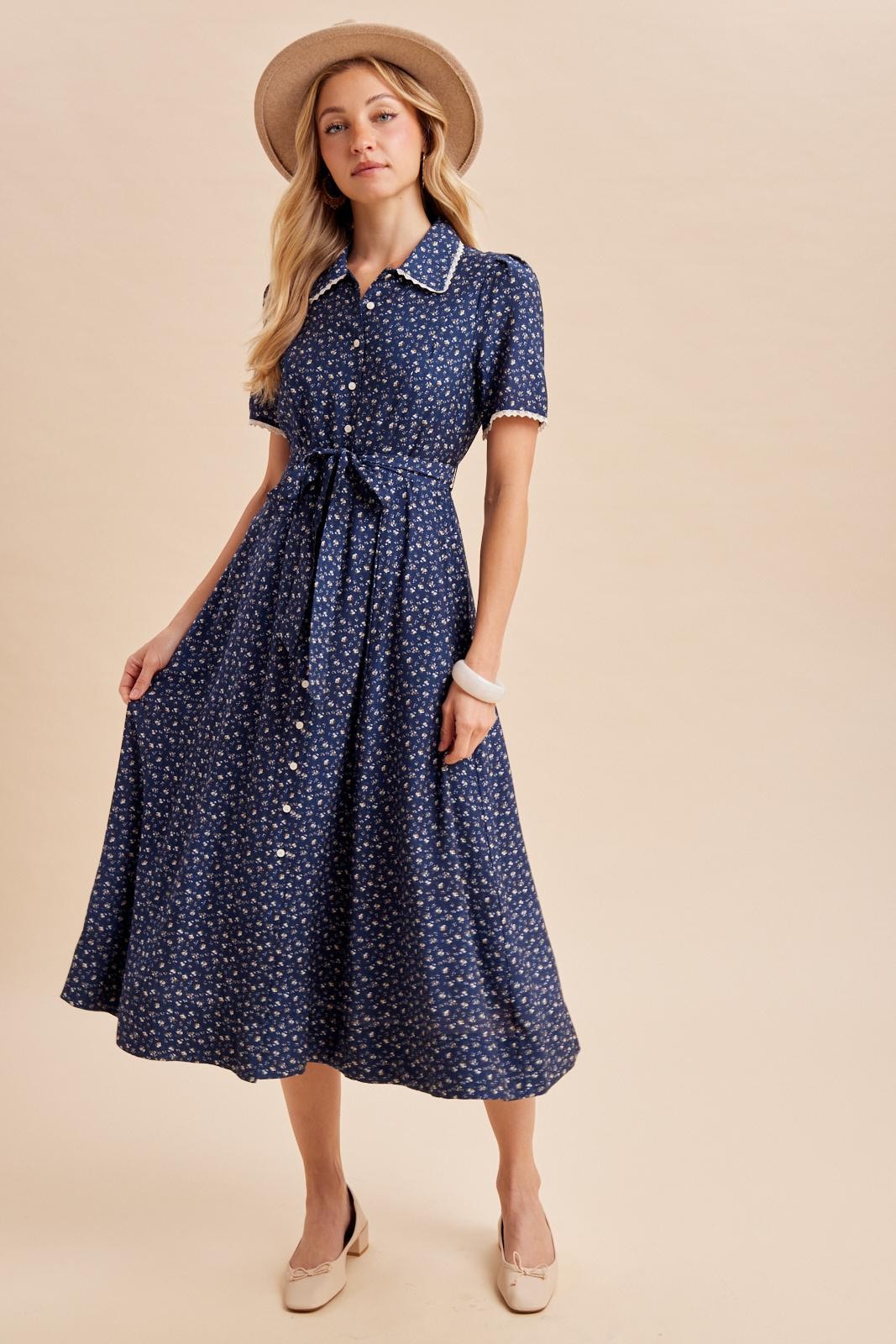 Navy Floral Button Down Tie Waist Midi Dress