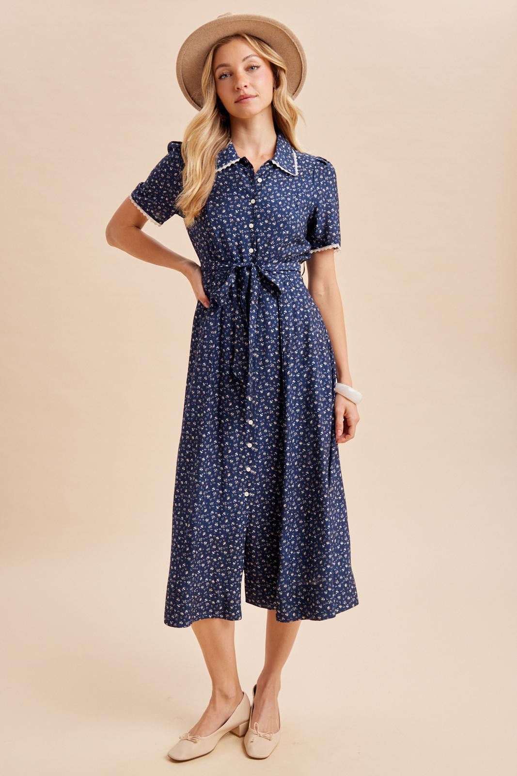 Navy Floral Button Down Tie Waist Midi Dress