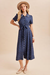 Navy Floral Button Down Tie Waist Midi Dress