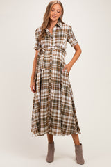 Dark Olive Plaid Button Down Maternity Midi Dress