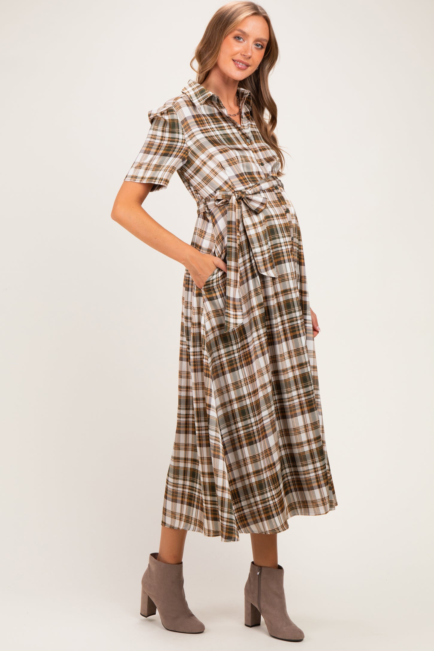 Dark Olive Plaid Button Down Maternity Midi Dress
