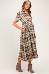 Dark Olive Plaid Button Down Maternity Midi Dress