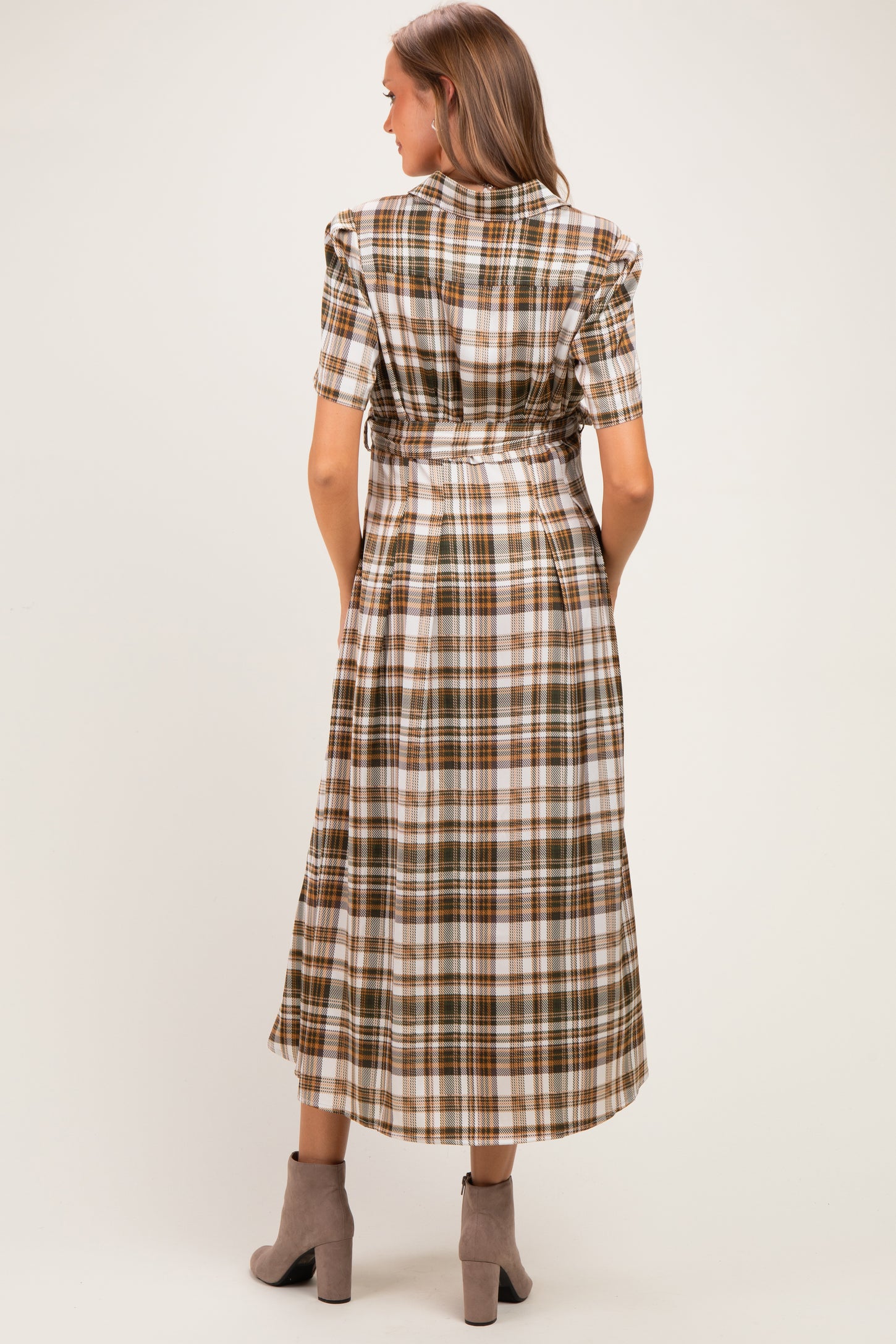 Dark Olive Plaid Button Down Maternity Midi Dress
