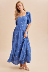 Blue Embroidered Tiered Maxi Dress