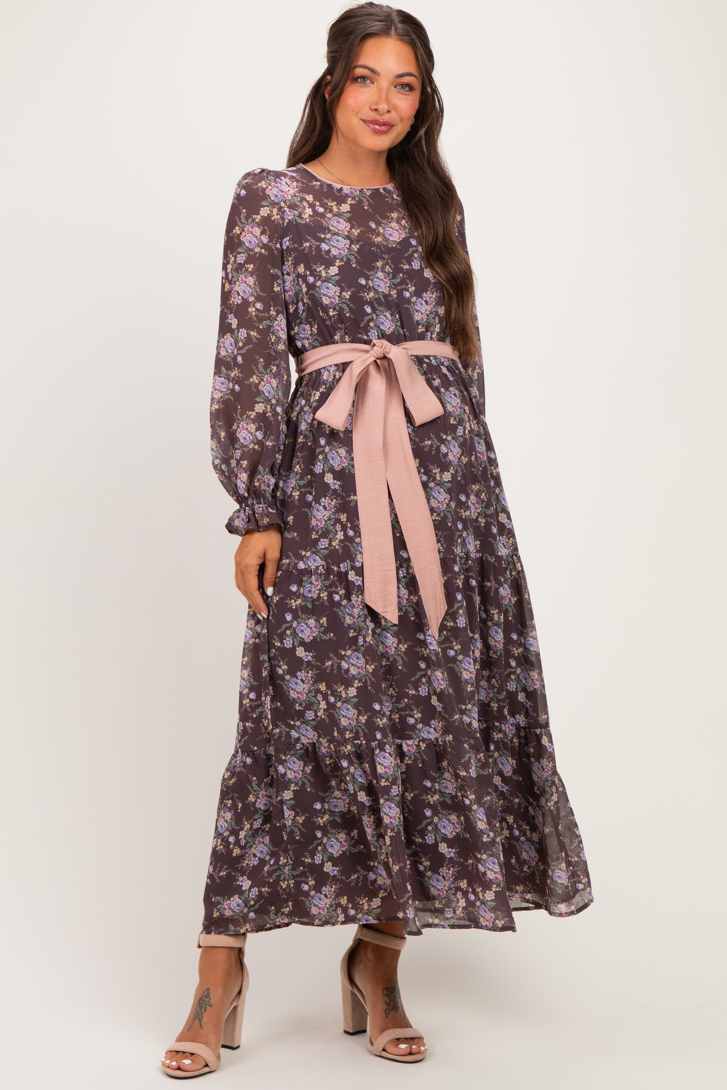 Brown Floral Sash Tiered Maternity Maxi Dress