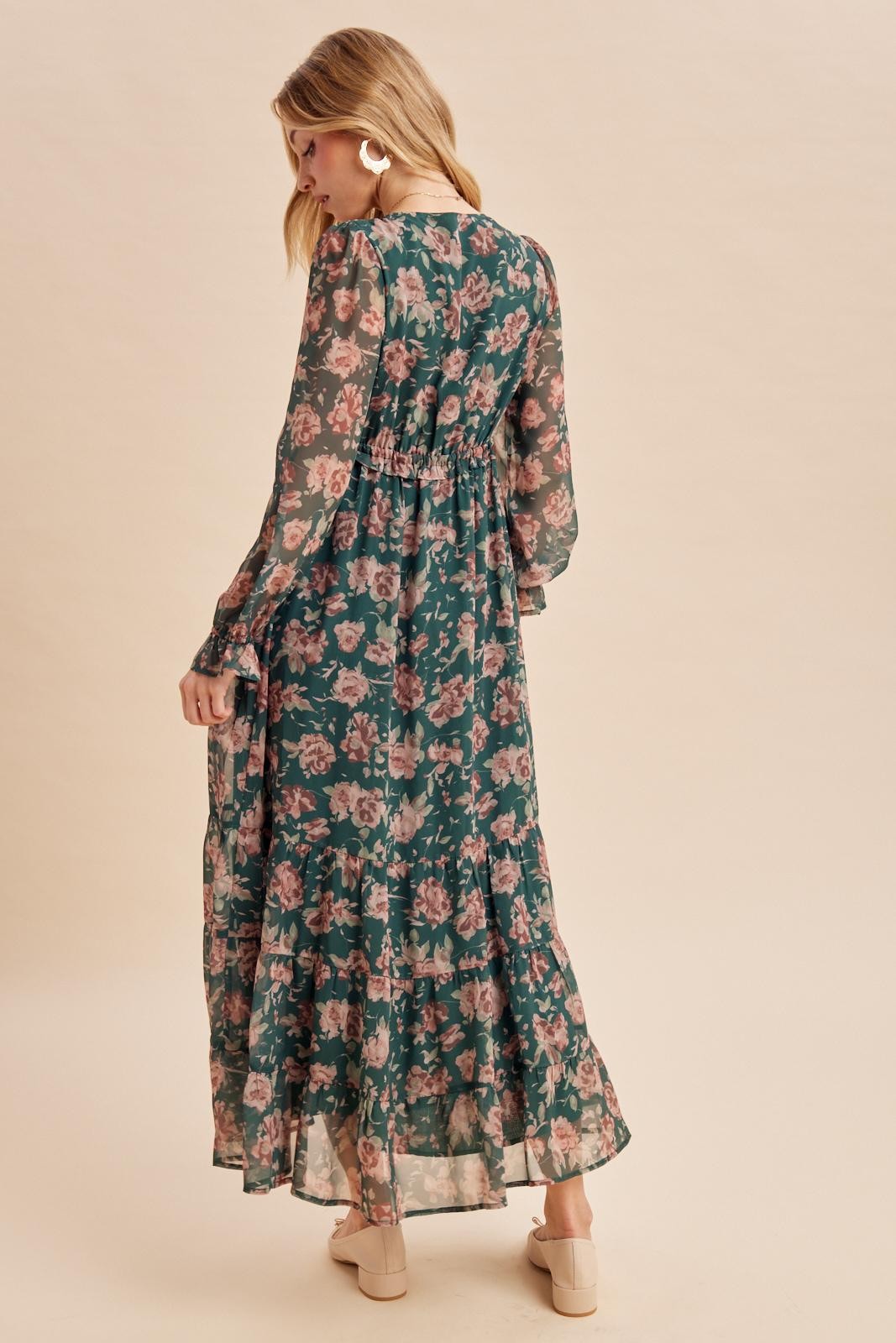 Eucalyptus Floral Chiffon Button Down Maxi Dress