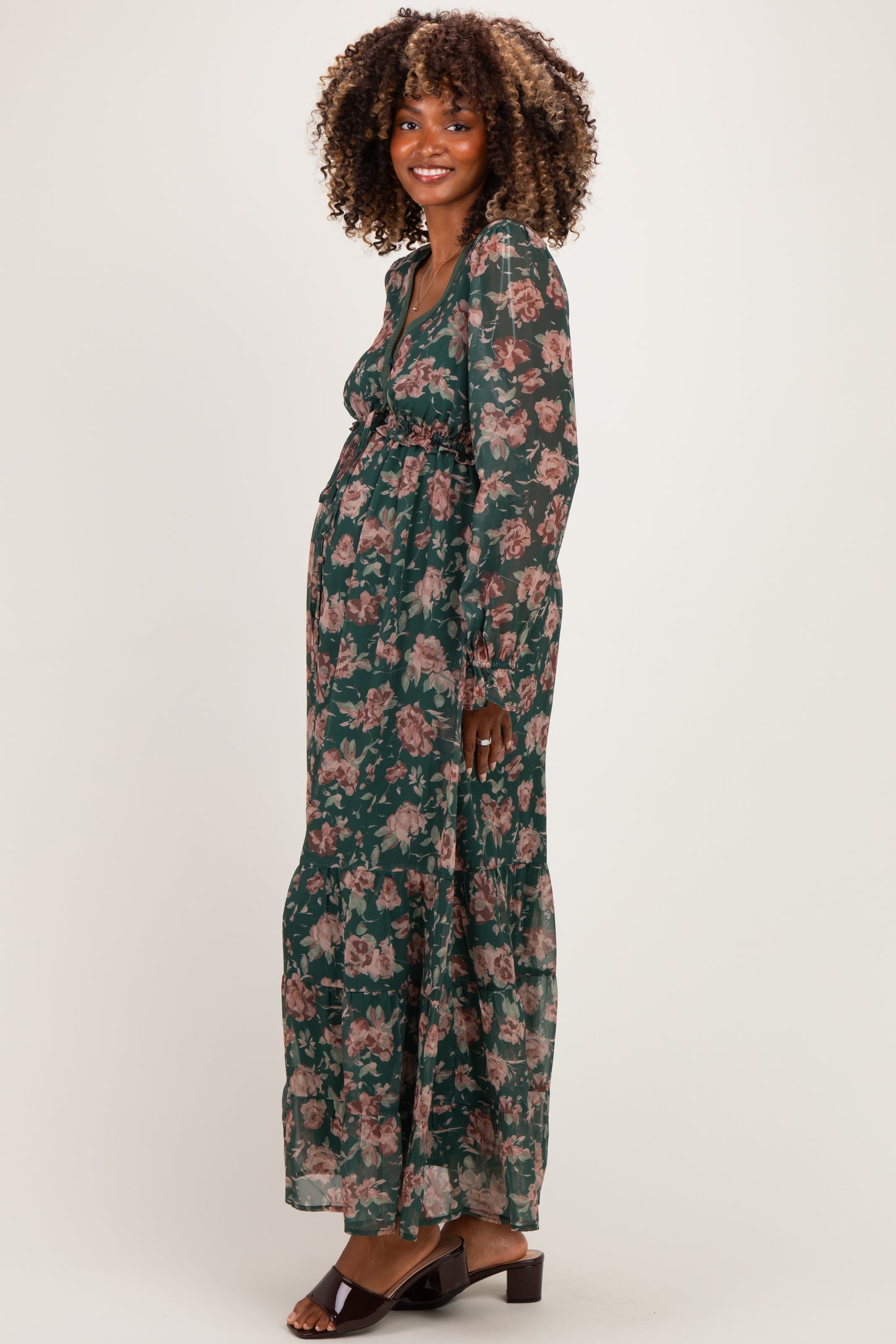 Eucalyptus Floral Chiffon Button Down Maternity Maxi Dress