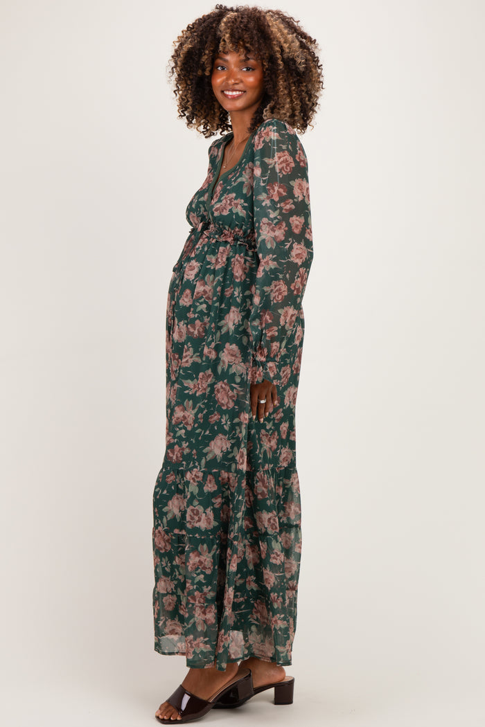 Eucalyptus Floral Chiffon Button Down Maternity Maxi Dress