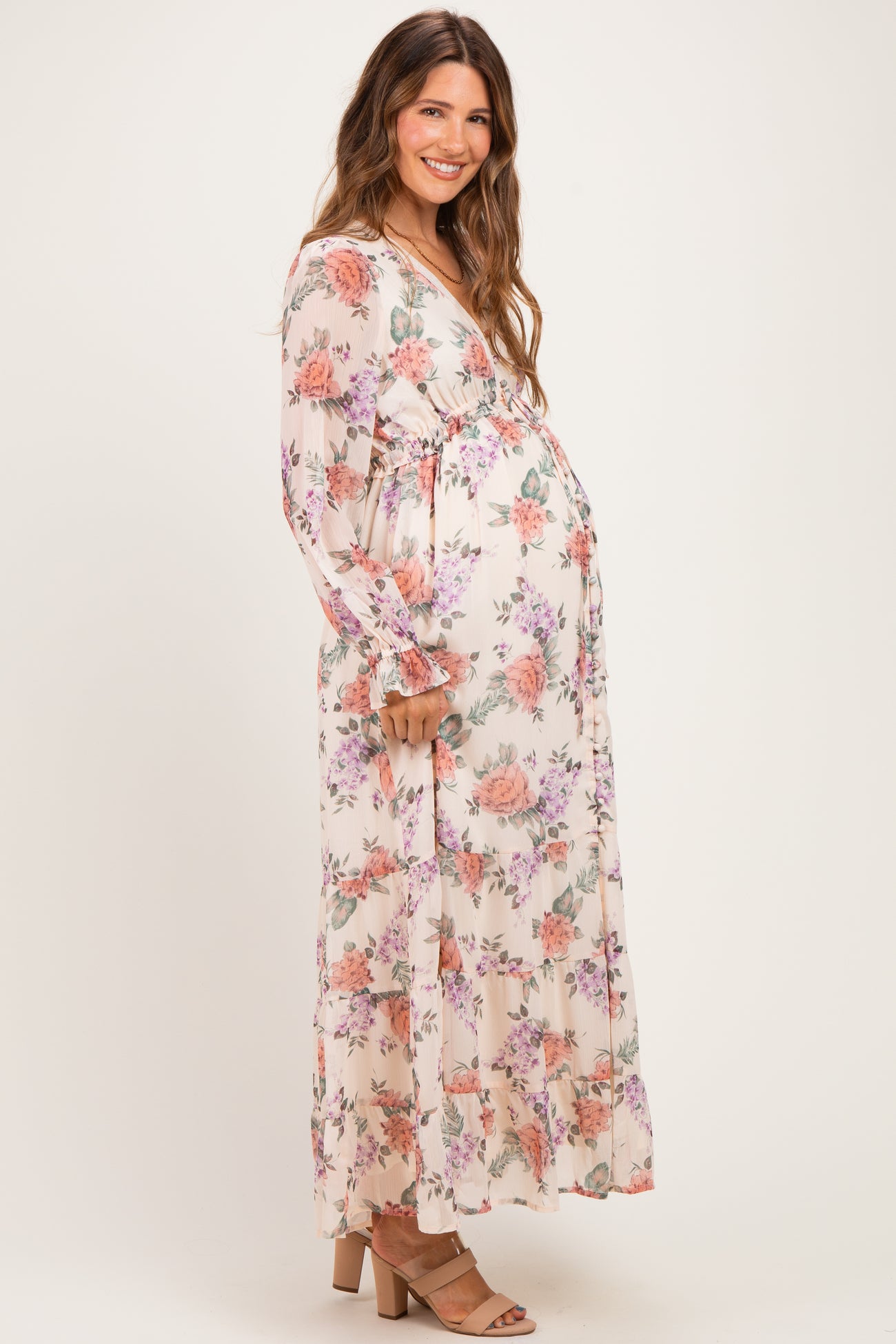 Cloud Floral Chiffon Button Down Maternity Maxi Dress