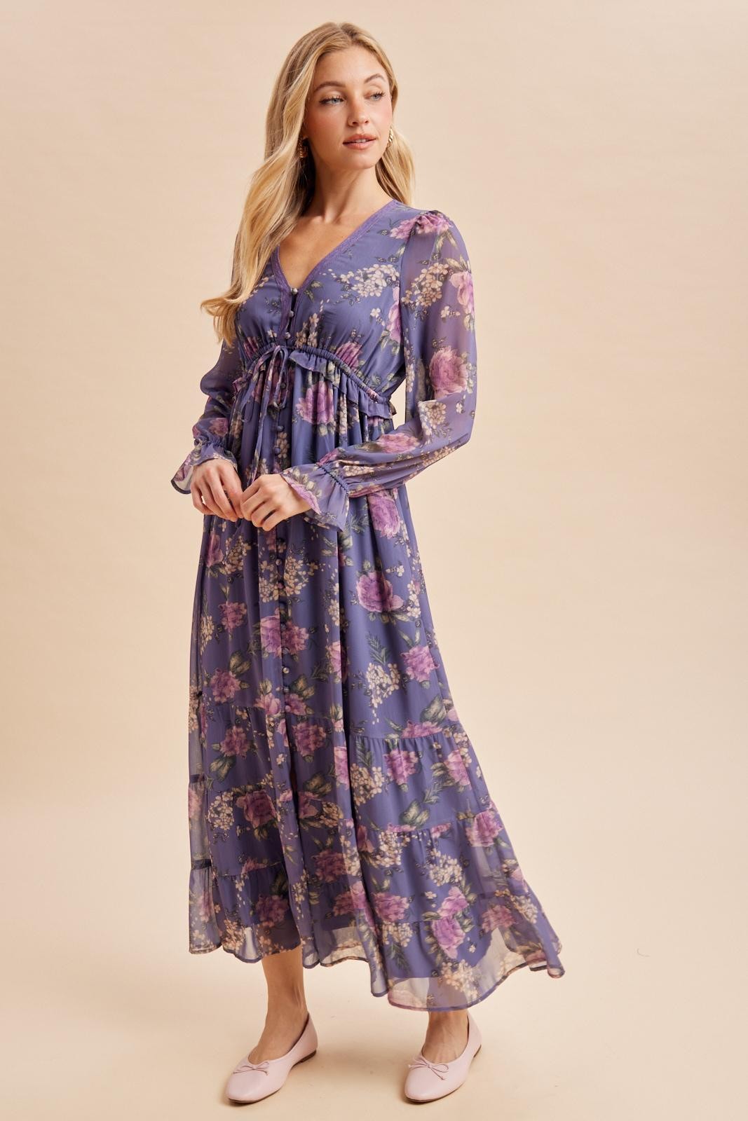 Plum Floral Chiffon Button Down Maternity Maxi Dress