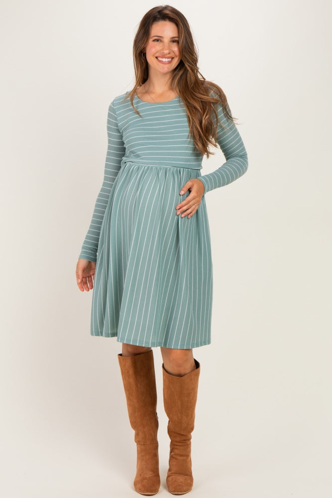 Sage/ Off White Striped Long Sleeve Maternity Nursing Dress