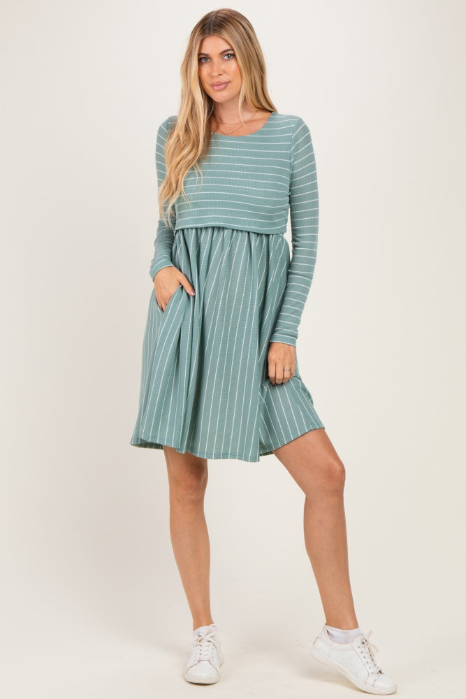 Sage/ Off White Striped Long Sleeve Maternity Nursing Dress