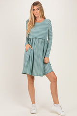 Sage/ Off White Striped Long Sleeve Maternity Nursing Dress