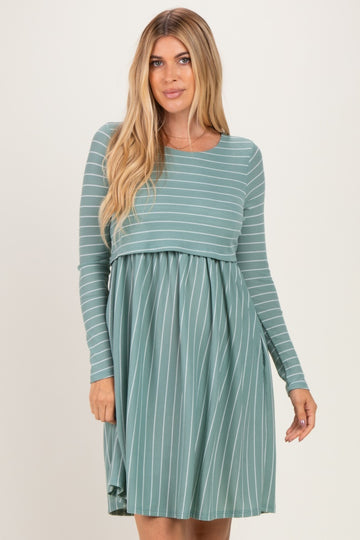 Sage/ Off White Striped Long Sleeve Nursing Dress