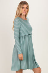 Sage/ Off White Striped Long Sleeve Nursing Dress