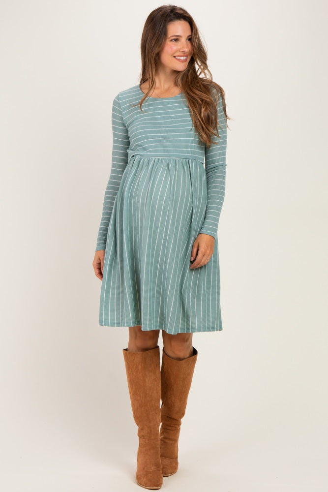 Sage/ Off White Striped Long Sleeve Maternity Nursing Dress