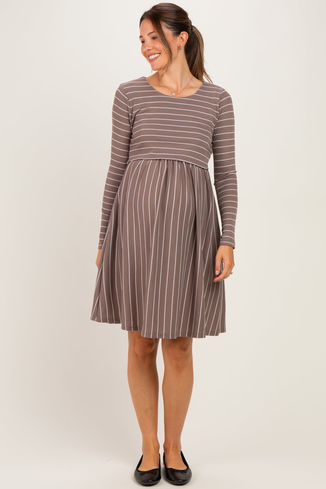 Taupe/ Off White Striped Long Sleeve Maternity Nursing Dress