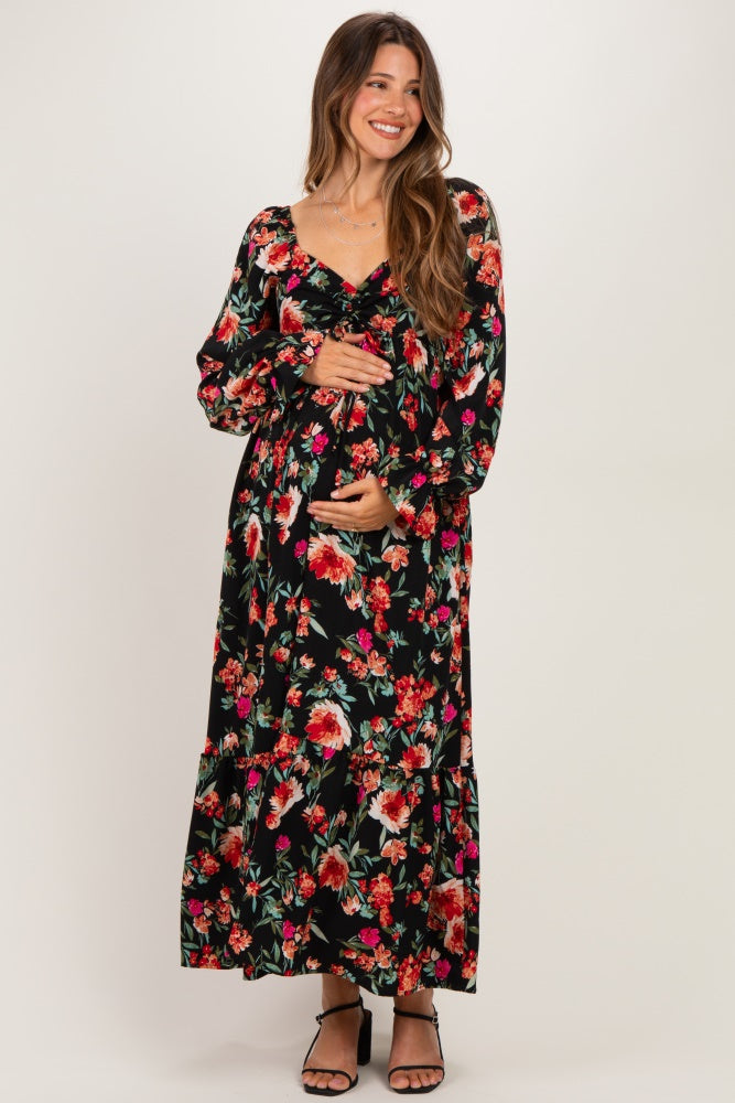 Black Floral Long Sleeve Maternity Maxi Dress