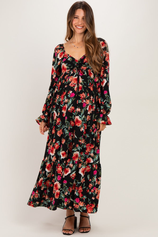 Black Floral Long Sleeve Maternity Maxi Dress
