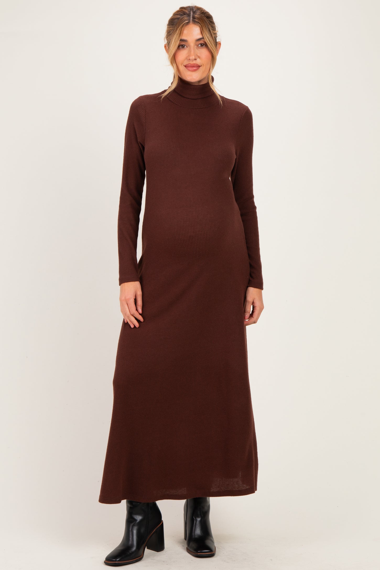 Brown Turtleneck Long Sleeve Maternity Maxi Dress