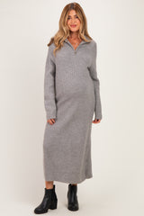 Grey Ribbed Knit Half-Zip Maternity Midi Sweater Dress