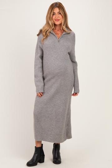 Grey Ribbed Knit Half-Zip Maternity Midi Sweater Dress