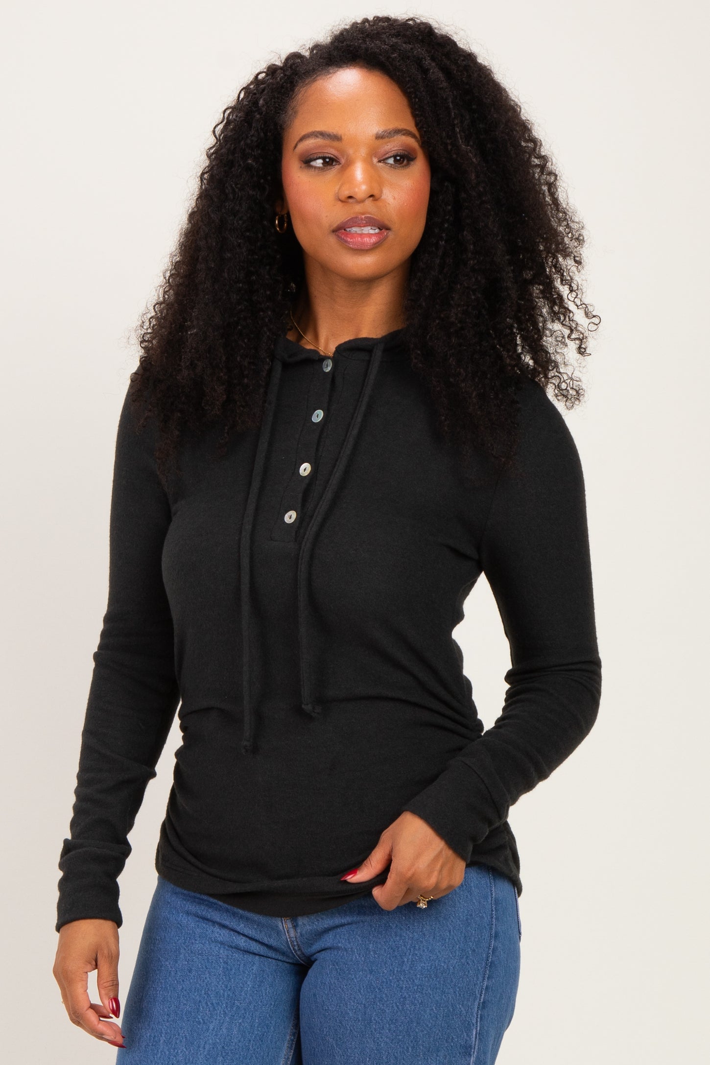 Black Long Sleeve Button Front Long Sleeve Fitted Top