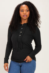 Black Long Sleeve Button Front Long Sleeve Fitted Top