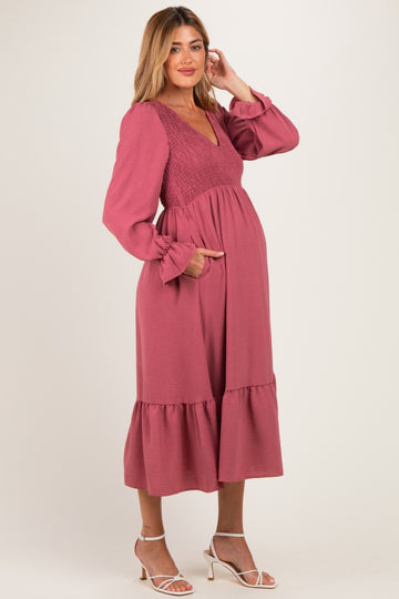 Mauve Smocked Top Long Sleeve Ruffle Hem Maternity Midi Dress