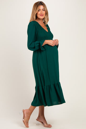 Hunter Green Smocked Top Long Sleeve Ruffle Hem Maternity Midi Dress