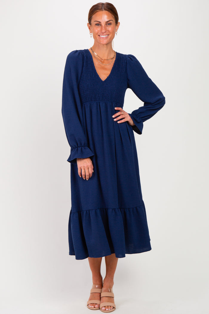 Navy Smocked Top Long Sleeve Ruffle Hem Maternity Midi Dress