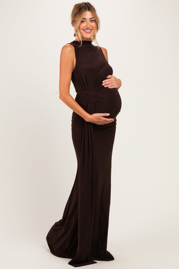 Brown Sleeveless Side Draped Maternity Maxi Dress