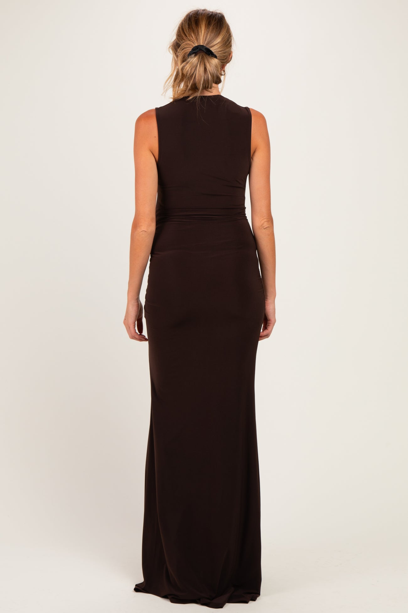 Brown Sleeveless Side Draped Maternity Maxi Dress