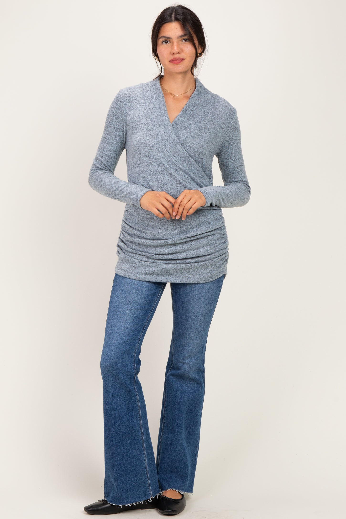 Light Blue Soft Heathered Draped Wrap Nursing Top