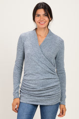 Light Blue Soft Heathered Draped Wrap Nursing Top