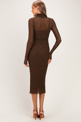 Brown Ribbed Mesh Knit Maternity Midi Dress
