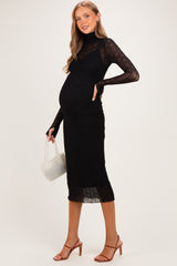 Black Ribbed Mesh Knit Maternity Midi Dress