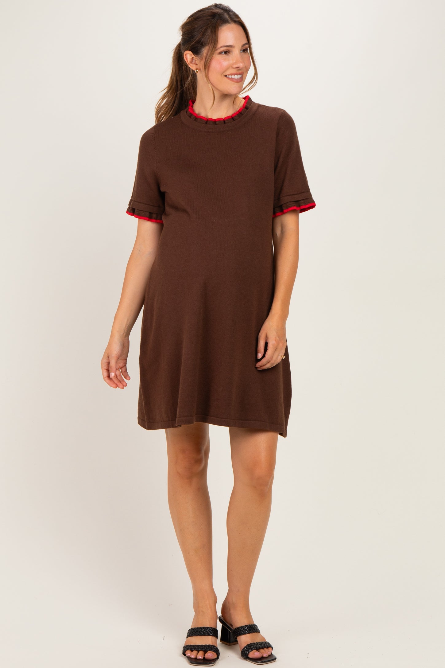 Brown Contrast Ruffle Maternity T-Shirt Dress